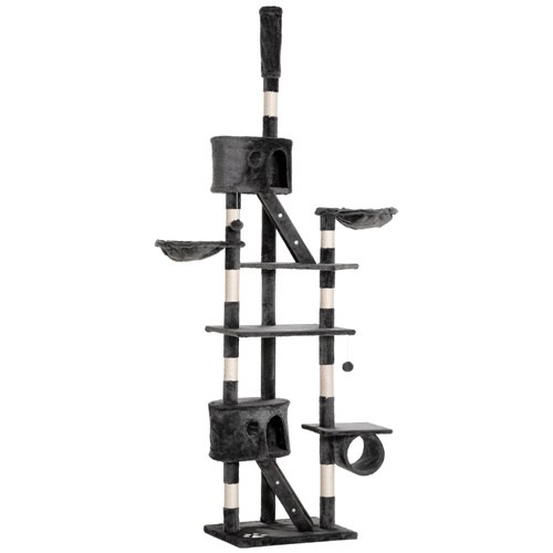 PawHut Floor-to-Ceiling Cat Tree for Indoor Cats, 240-260cm Adjustable Cat Tree - Dark Grey