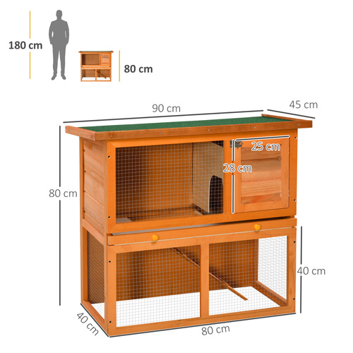 PawHut Two-Tier Rabbit Hutch, Wooden Outdoor Pet Cage, with Opening Top