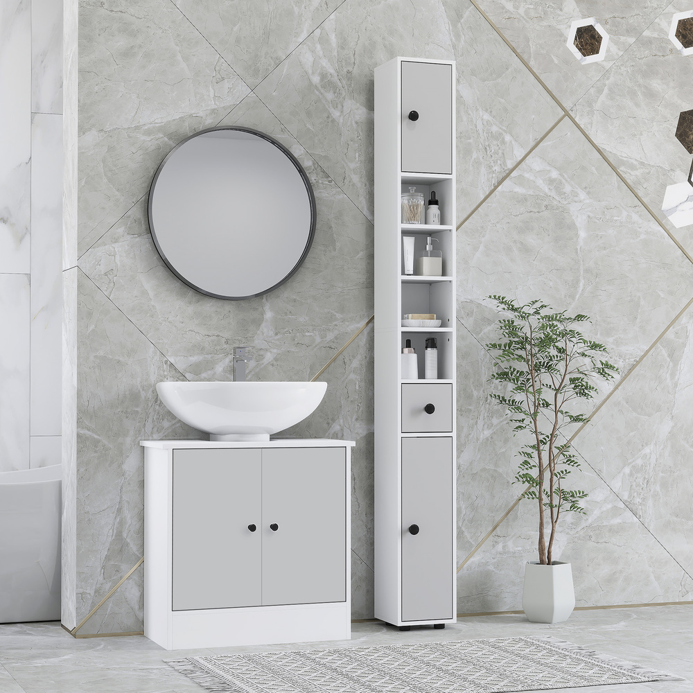kleankin 180cm Slim Bathroom Cabinet, with Drawer, Shelves and Cupboards - Light Grey