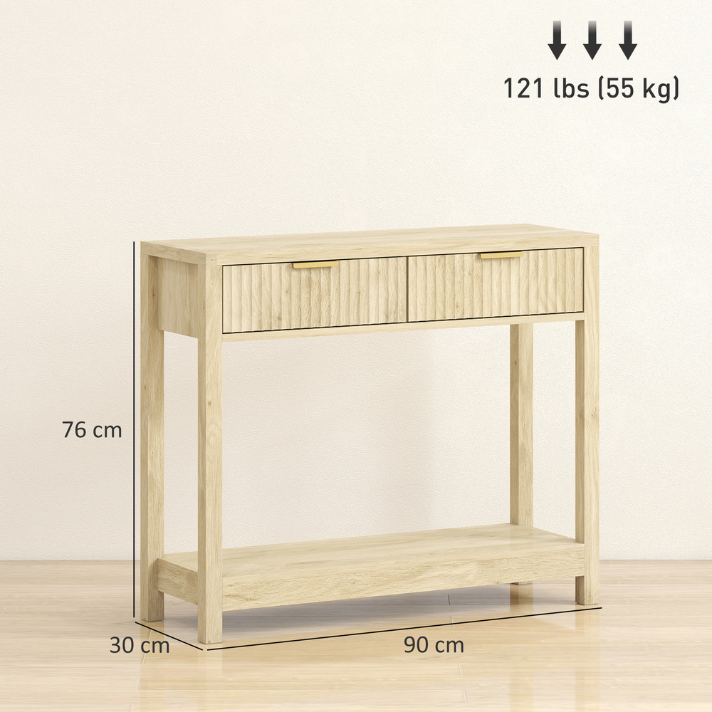 HOMCOM Modern Console Table with Fluted Panel Drawers, Narrow Hallway Table with Shelf for Entryway, Living Room, 90 x 30 x 76 cm, Natural Wood Finish