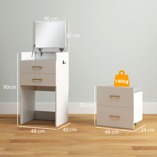HOMCOM Compact Dressing Table and Stool Set, with Storage - White