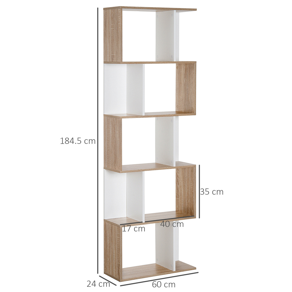 HOMCOM Bookcase, S-Shaped Wooden Bookshelf, 5/6 Tiers Freestanding Storage Shelf, Home Office Decorative Display Stand Rack, Oak and White, 24D x 60W x 184.5H