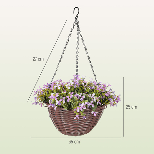 HOMCOM Artificial Flowers in Basket Set of 2, Artificial Hanging Baskets with 75 Leaves and 15 Flowers in Pot, Decorative Plant for Home Office Decor, Purple