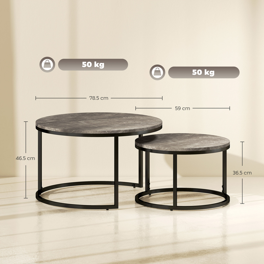 HOMCOM Industrial Nesting Coffee Table Set of 2, Round Coffee Tables, Living Room Table with Faux Marbled Top and Steel Frame