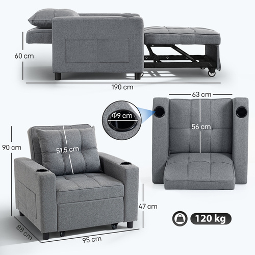 HOMCOM 3-in-1 Single Sofa Bed, Convertible Sleeper Chair Bed - Dark Grey