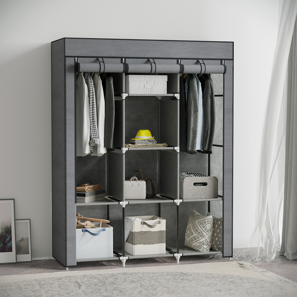 HOMCOM Fabric Wardrobe, with Rails and Shelves - Dark Grey