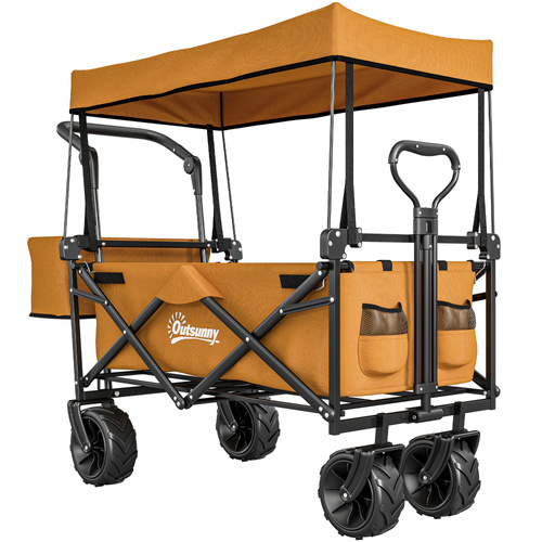 Outsunny 120L Festival Trolley on Wheels, Folding Camping Trolley Cart with Removable Canopy, All-Terrain Wheels, Adjustable Handle, Push or Pull for Garden Beach Fishing Shopping, Orange