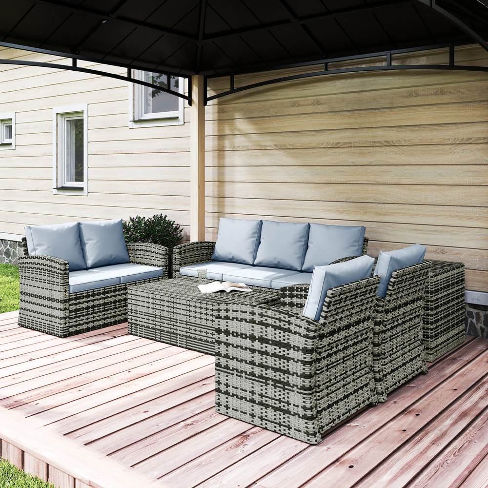 Outsunny 6 Pieces Rattan Garden Furniture Set, 7 Seater Wicker Outdoor Furniture Set with Storage Tea Table & Side Table, Sectional Garden Sofa Set with Cushions, Grey