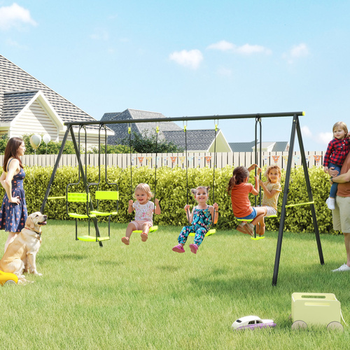 Outsunny Metal Garden Swing Set with Double Swings, Glider, Swing Seats - Green