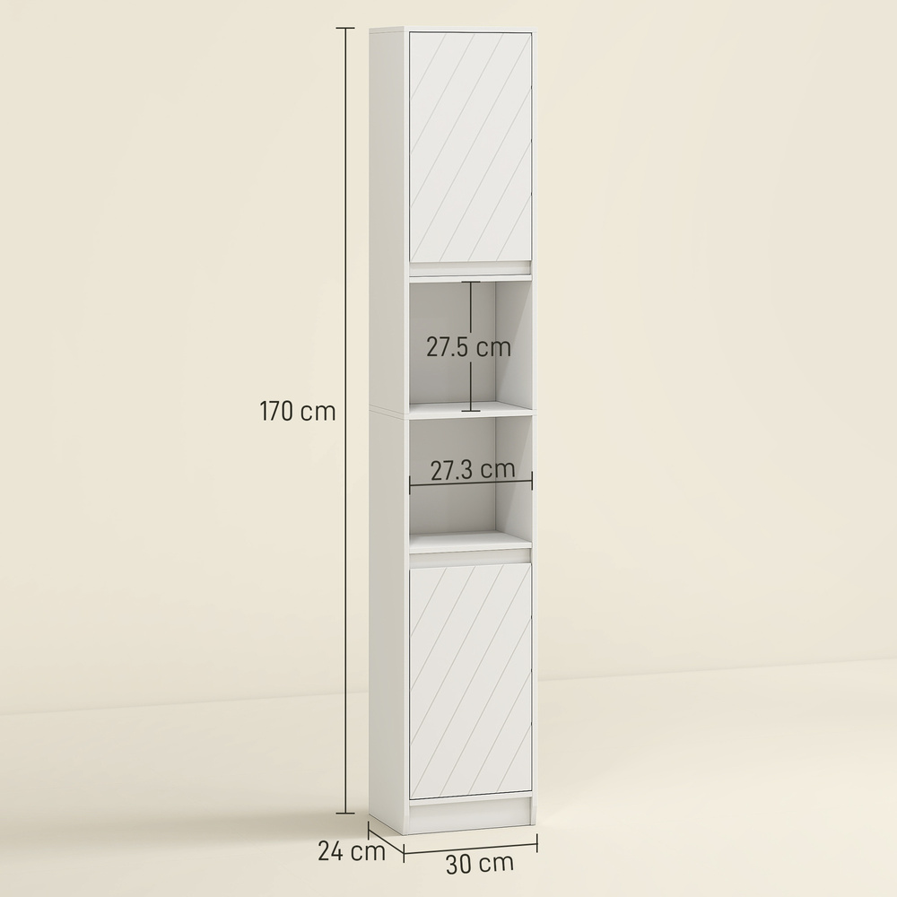 HOMCOM Narrow Bathroom Cabinet, Slim Bathroom Storage Unit with Open Compartment, Freestanding Storage Cupboard with Adjustable Shelves for Small Spaces, 30 x 24 x 170 cm, White