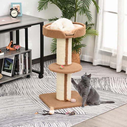 PawHut 91cm Cat Tree, Cat Tower with Scratching Post, Bed, Perch, Removable Cushion for Indoor Kittens, Brown