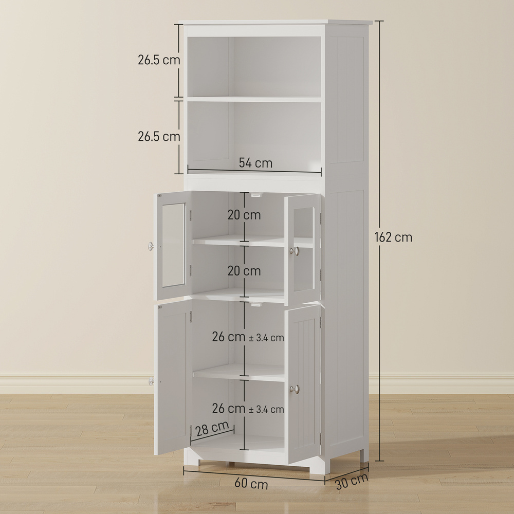 HOMCOM Freestanding Kitchen Cupboard, 4-Door Storage Cabinet with Adjustable Shelf and Glass Doors for Dining Room, Living Room, White