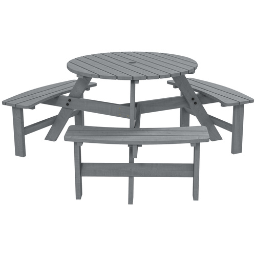 Outsunny 6 Seater Wooden Picnic Table and Garden Benches Set, Round Garden Dining Set with 3 Benches and Umbrella Hole Outdoor Garden Park, Grey