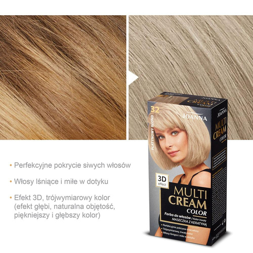 Joanna Multi Cream Trwały Intensywny Kolor Włosów Farba Pielęgnująca 32 Platynowy Blond 60x40x20g