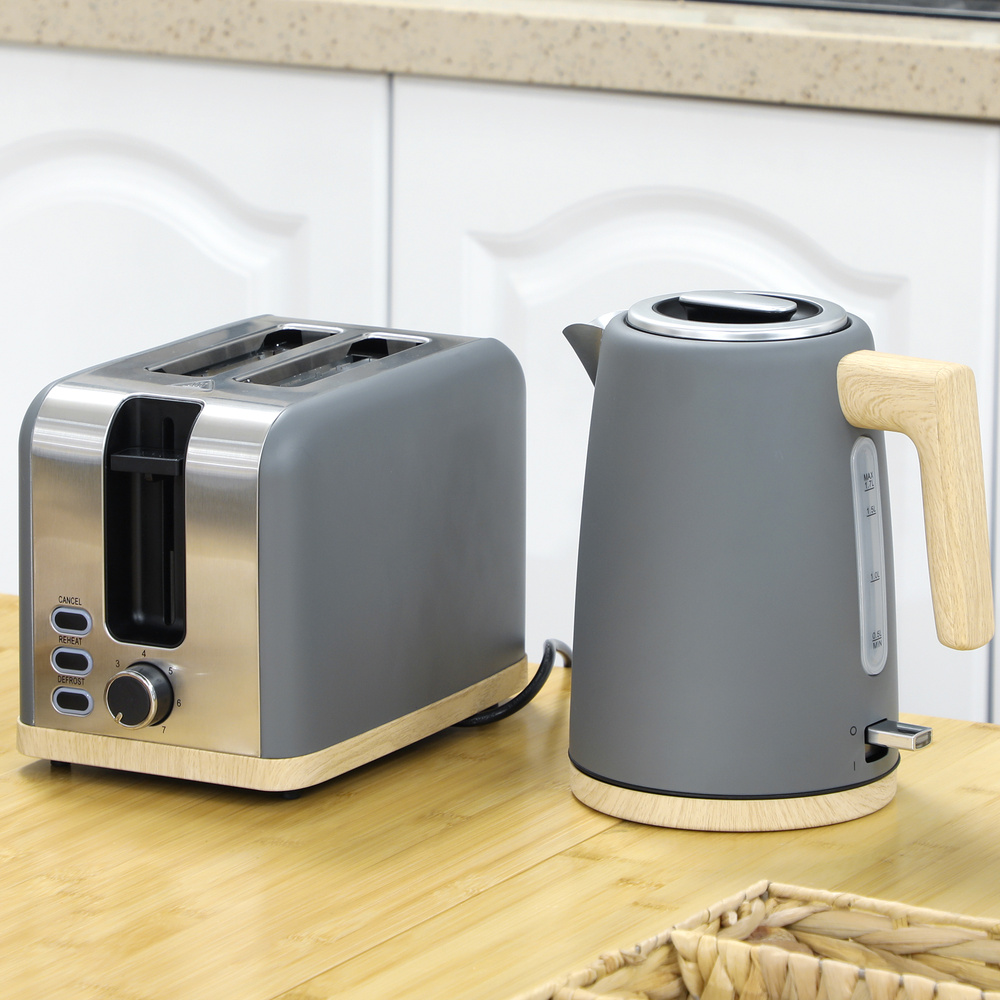 HOMCOM Stainless Steel Kettle and Toaster Set, 1.7L 3000W Fast Boil Kettle & 2 Slice Toaster Kitchen Set with 7 Level Browning Controls, Defrost, Reheat, Auto Off, Boil-dry Protection, Grey