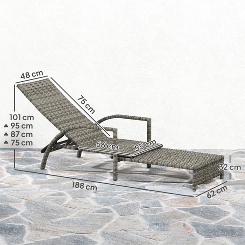 Outsunny Reclining Rattan Lounger, with Extending Footrest - Grey