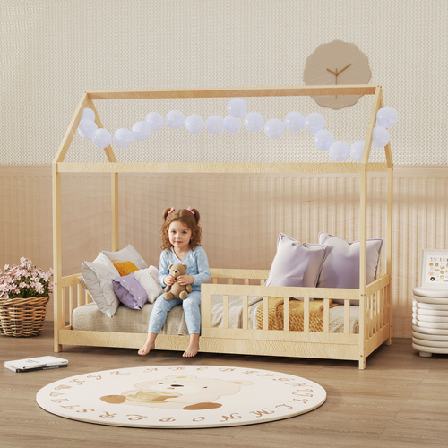 HOMCOM House-Shaped Kids Bed Frame with Guard Rails, Solid Pine Wood Single Bed Frame for Kids Boys and Girls, Natural