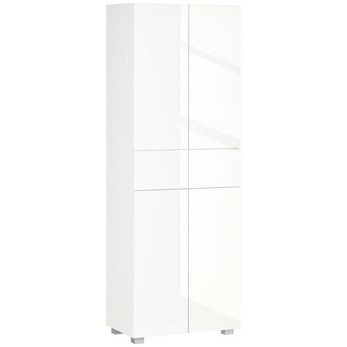 HOMCOM 4-Door Kitchen Cupboard, Tall Freestanding 5-Tier Storage Cabinet with 3 Adjustable Shelves, 2 Drawers for Living Room, Dining Room, Push to Open Design, High Gloss White