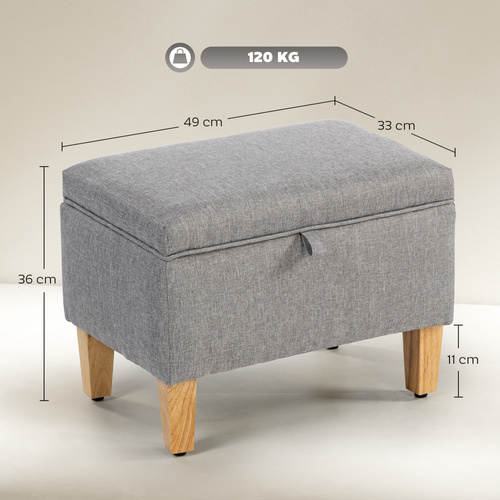 HOMCOM 16L Linen Storage Ottoman Padded Footstool with Rubberwood Legs for Storage Box, Bed End, Shoe Bench, Seating, Light Grey