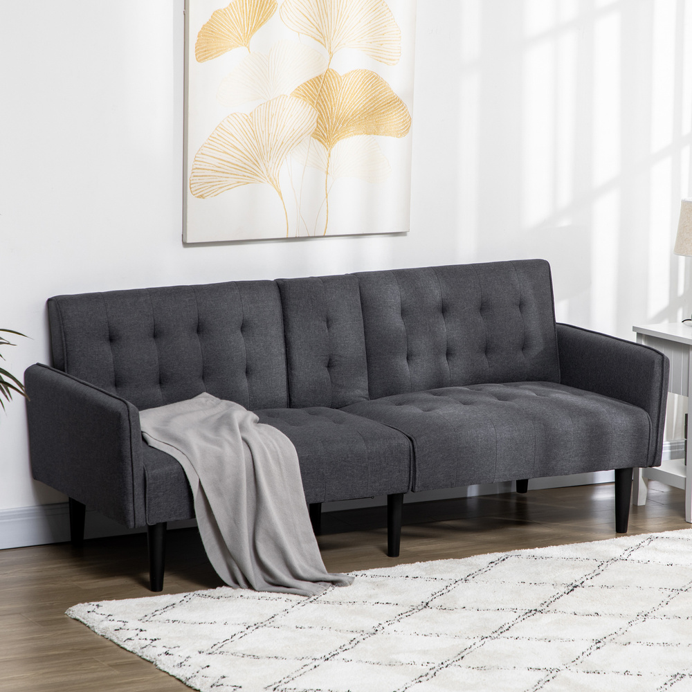 HOMCOM Three-Seater Sofa Bed, with Cupholders - Grey