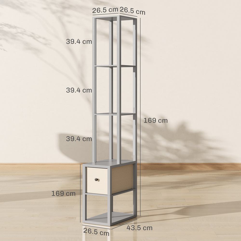 HOMCOM Floor Lamp with Shelves, LED Column Modern Standing Lamp with Fabric Drawer, Adjustable Brightness, Foot Switch for Living Room, Bedroom, Office, Grey