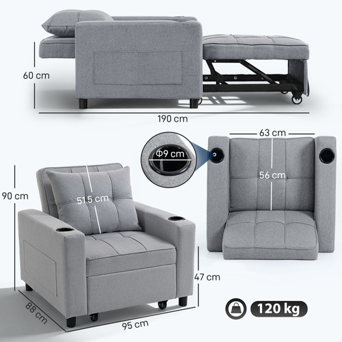 HOMCOM 3-in-1 Single Sofa Bed, Convertible Sleeper Chair Bed - Light Grey