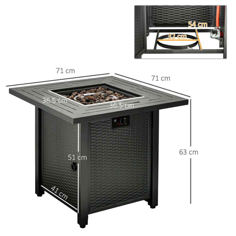 Outsunny Square Propane Gas Fire Pit Table, 40000 BTU Rattan Smokeless Firepit Patio Heater with Protective Cover, Glass beads and Lid, 71cm x 71cm x 63cm, Black