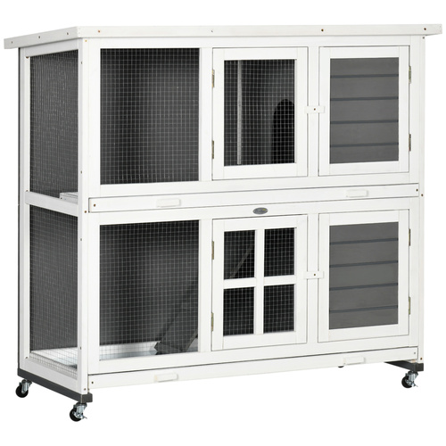 PawHut Wooden Rabbit Hutch, Two-Tier Guinea Pig Cage, with Removable Tray, Wheels