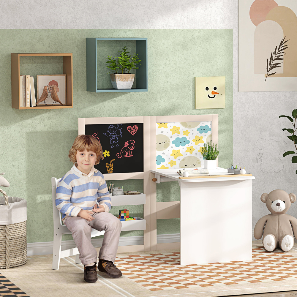 AIYAPLAY 3 in 1 Kids Table and Chair Set with Storage, Whiteboard, Blackboard & Roll Paper for 3-8 Years, White