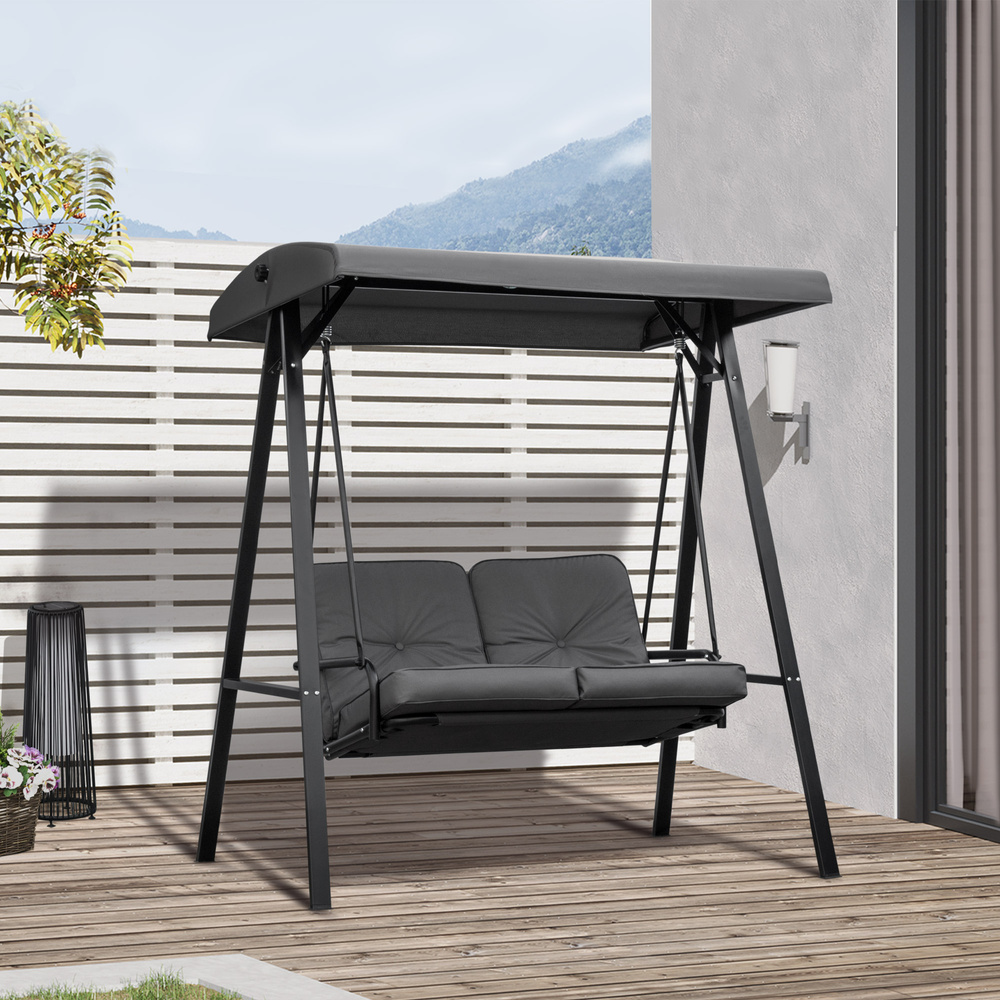 Outsunny 2 Seater Garden Swing Chair with Adjustable Tilting Canopy, Outdoor Hammock Bench with Steel Frame for Patio, Grey