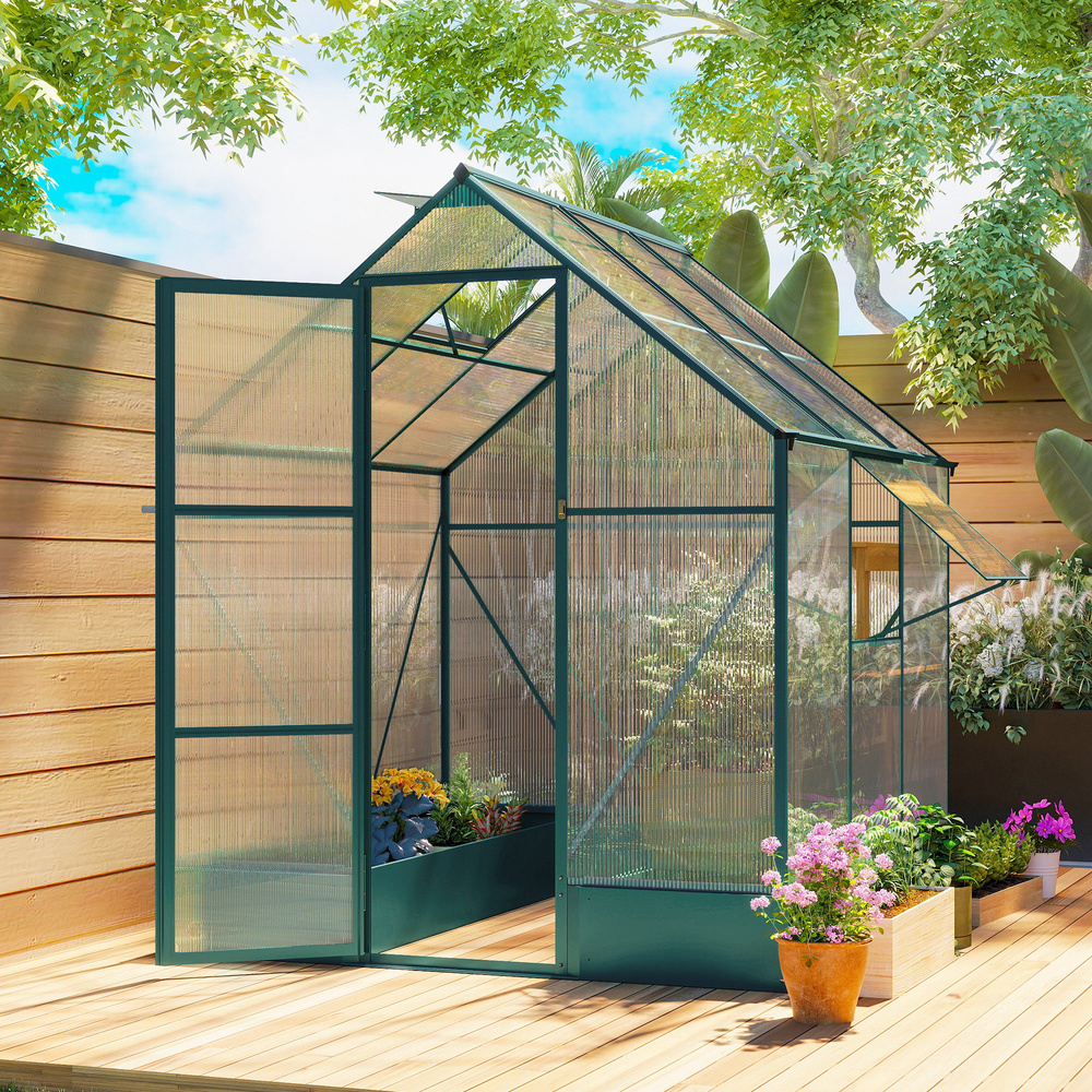 Outsunny 6x6 FT Polycarbonate Greenhouse with Base and Raised Bed, Walk-in Greenhouse with Aluminium Frame, Temperature Controlled Window, Foundation for Plants, Flowers, Vegetable