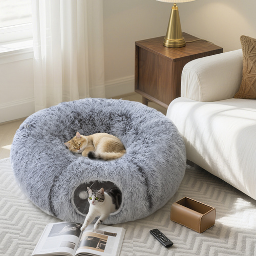 PawHut 2-in-1 Donut Cat Tunnel with Washable Bed, Play Tunnel Bed with Toy Ball and Door Hole for Indoor Cats, Light Grey