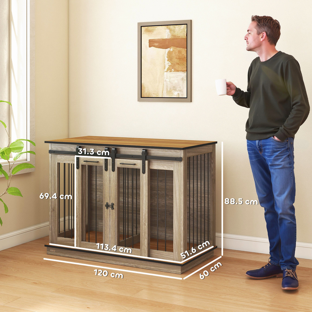 PawHut Dog Crate Furniture for Large Dogs, Double Dog Cage for Small Dogs, with Sliding Doors - Oak Tone