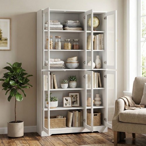 HOMCOM Multi-Storage Kitchen Cabinet, with Glass Doors - White Wood-Effect