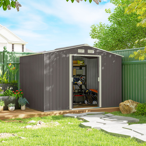 Outsunny 9 x 6FT Outdoor Garden Roofed Metal Storage Shed Tool Box with Foundation Ventilation & Doors Light, Grey
