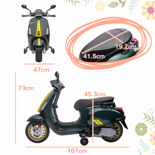 AIYAPLAY 12V Vespa Licensed Kids Electric Motorbike w/ Music, Lights, FM Radio, for 3-6 Years - Green