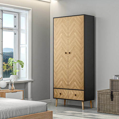 HOMCOM Essential Wardrobe Cabinet with Shelf, Hanging Rails and 2 Drawers, 50kg Weight Capacity, Nature Wood