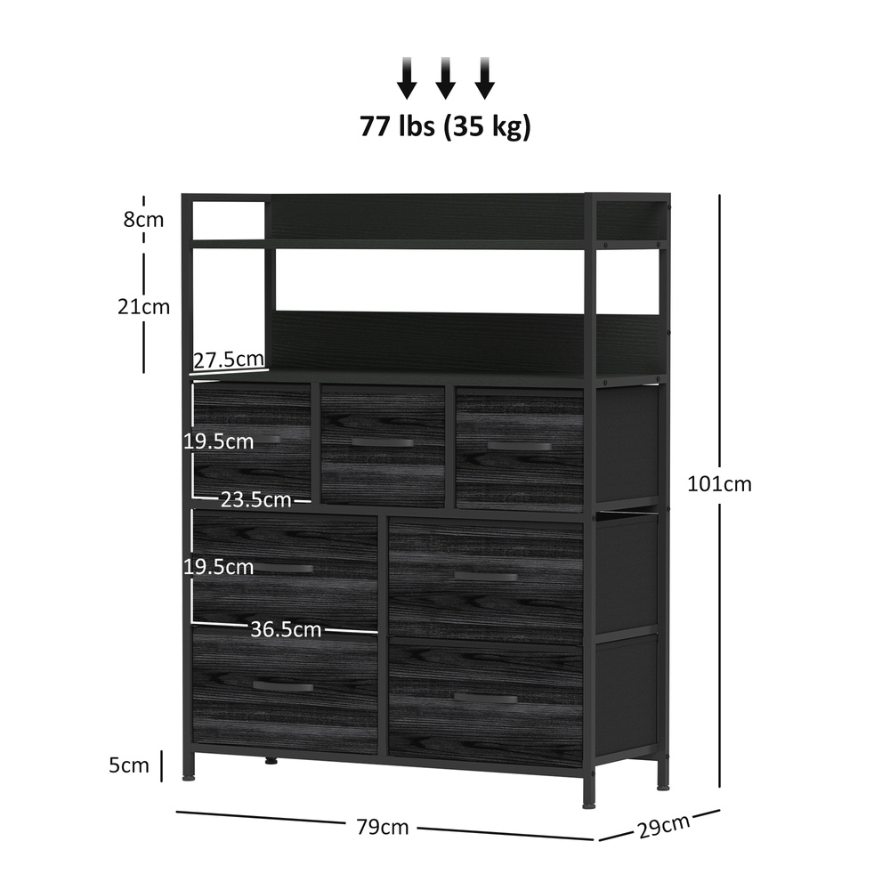 HOMCOM Rustic Chest of Seven Fabric Drawers - Black