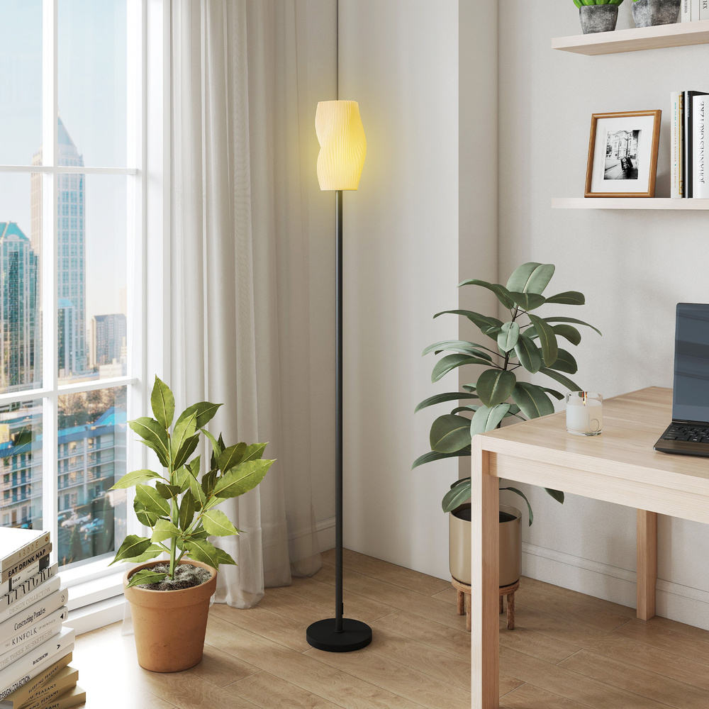 HOMCOM Floor Lamp for Living Room, 3D Printed Modern Standing Lamp with Flowing Curved Shade & Foot Switch, Minimalist Tall Pole Lampshade for Bedroom, Office, E27 Holder without Bulb (25W Max), White