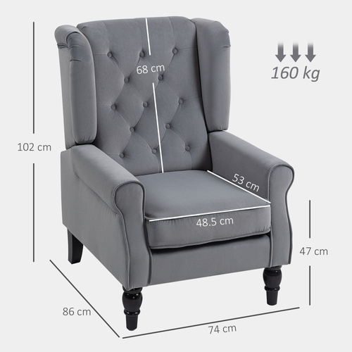 HOMCOM Wingback Accent Chair, Retro Upholstered Button Tufted Occasional Chair for Living Room and Bedroom, Light Grey