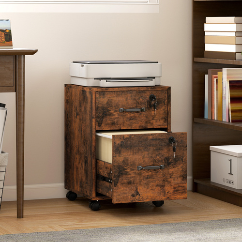 HOMCOM Rolling File Cabinet with 2 Drawers, Mobile Filing Cabinet with Hanging File Folder for Letter Sized Documents, Rustic Brown