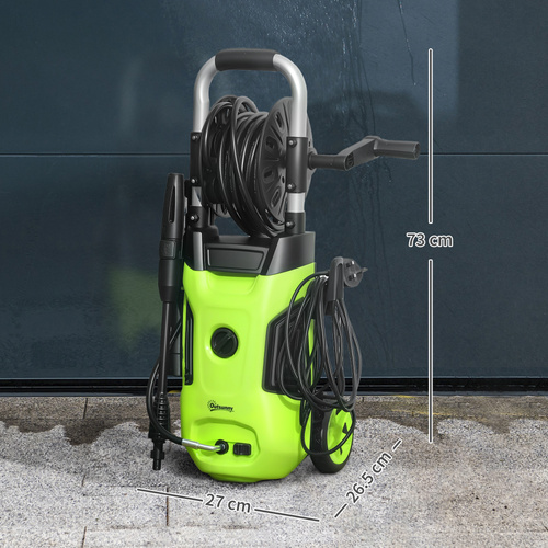 Outsunny 1800W High Pressure Washer, 150 Bar Pressure, 420 L/h Flow, Portable Power Washer Jet Wash Cleaner with Adjustable Nozzle, 6M Hose, Hose Reel, Steel Handle for Home Patio Car Driveway, Green