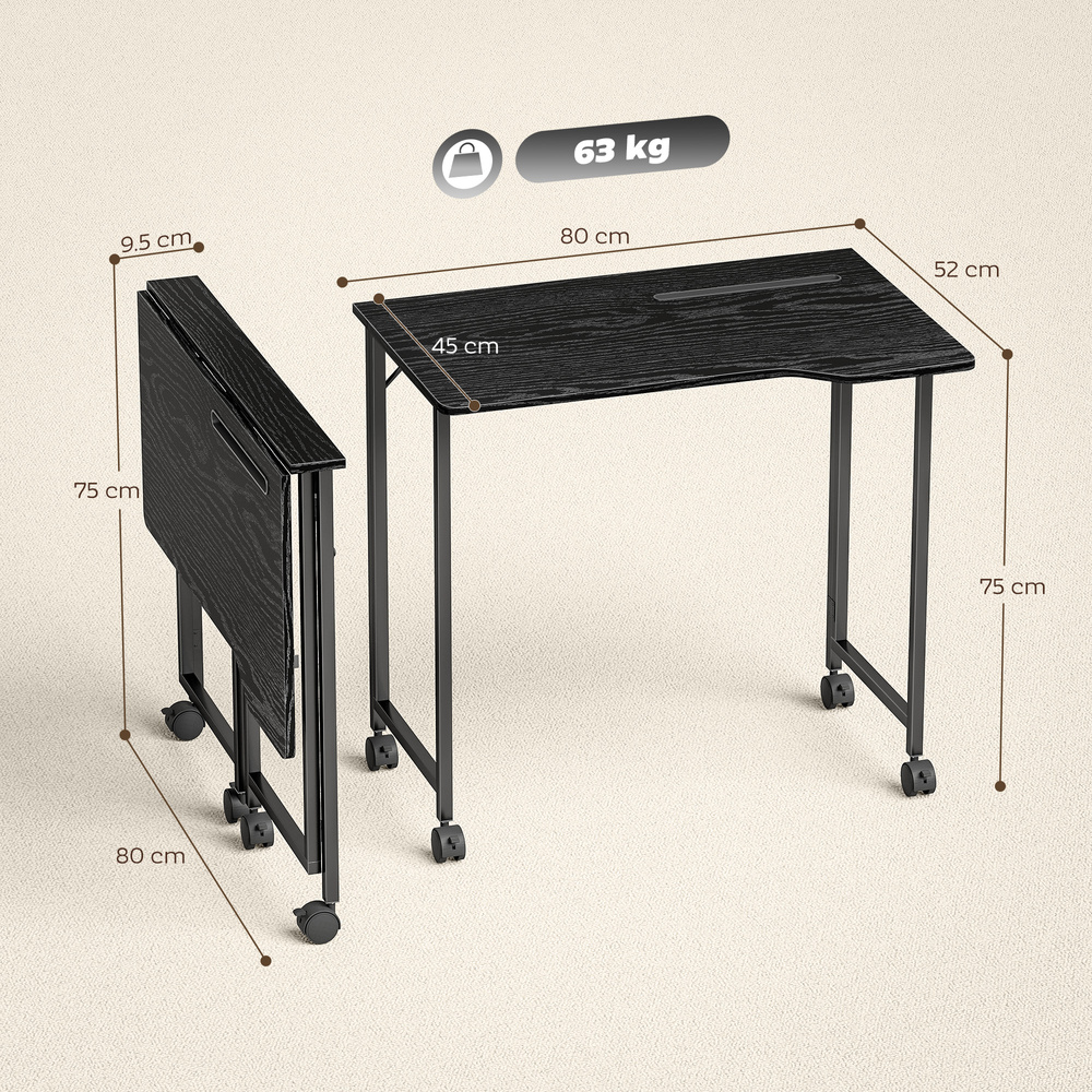 HOMCOM Folding Small Desk on Wheels - Black Wood Effect