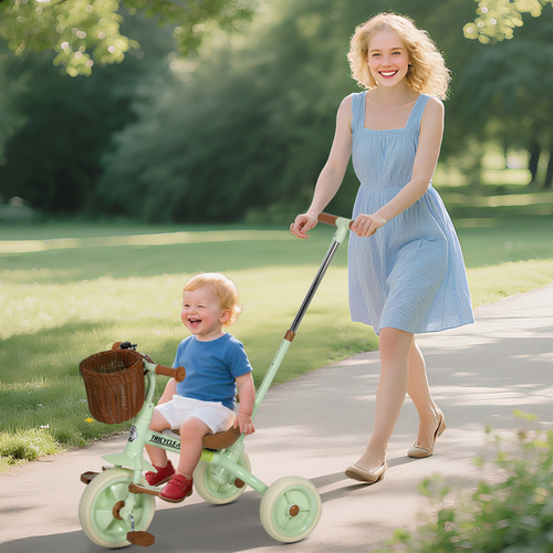 AIYAPLAY 2-In-1 Toddler Trike for 2-5 Years Old, 3 Wheel Bike with Adjustable Parent Handle, Basket for Boys and Girls, Green