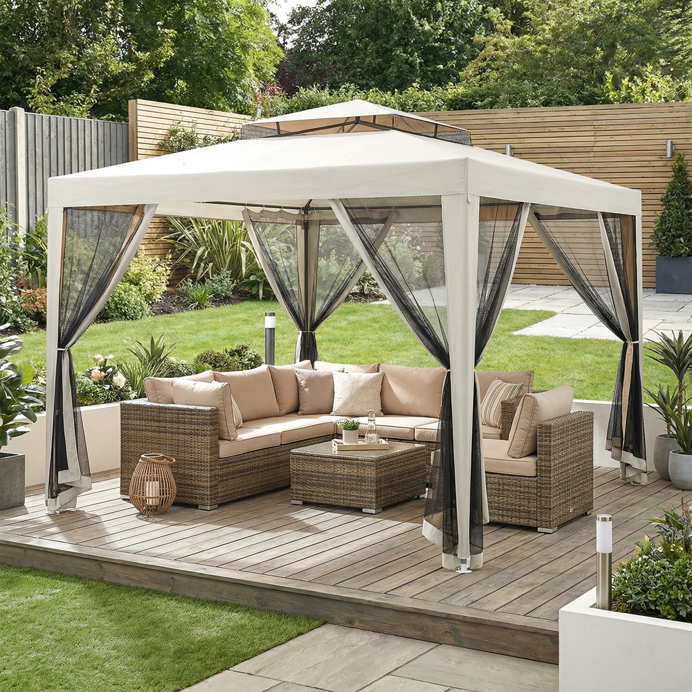 Outsunny 3 x 3 m Gazebo, Netting Party Tent, Patio Canopy Outdoor Event Shelter with Double Tier Roof, Cream White