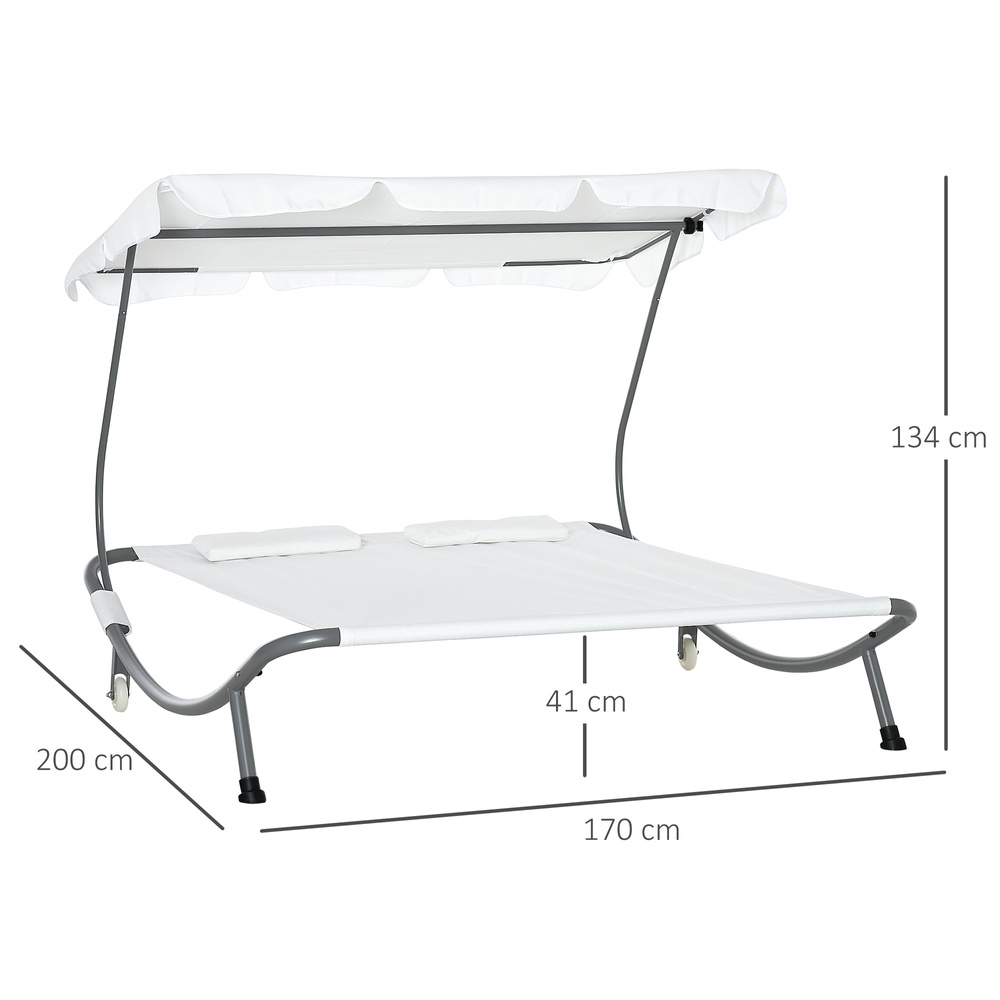 Outsunny Double Sun Lounger with Adjustable Detachable Canopy, Portable Garden Daybed for 2 with Wheels, Outdoor Sunbed Hammock with 2 Pillows, 220 KG Max. Load, White