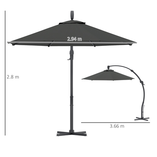 Outsunny 3(m) Garden Cantilever Parasol, Round Overhanging Umbrella with Crank Handle, Cross Base, Aluminium Frame and 360° Rotation, Banana Patio Umbrella for Outdoor Sun Shade, Grey
