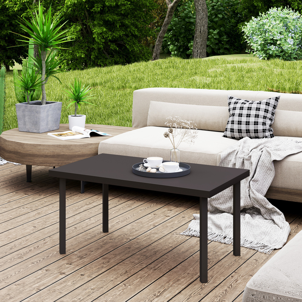 Outsunny Metal Garden Coffee Table, Rectangular Outdoor Side Table with Woodgrain Tabletop, Foot Pads for Outside, Garden, Balcony, Porch, 95 x 55 x 46cm, Brown