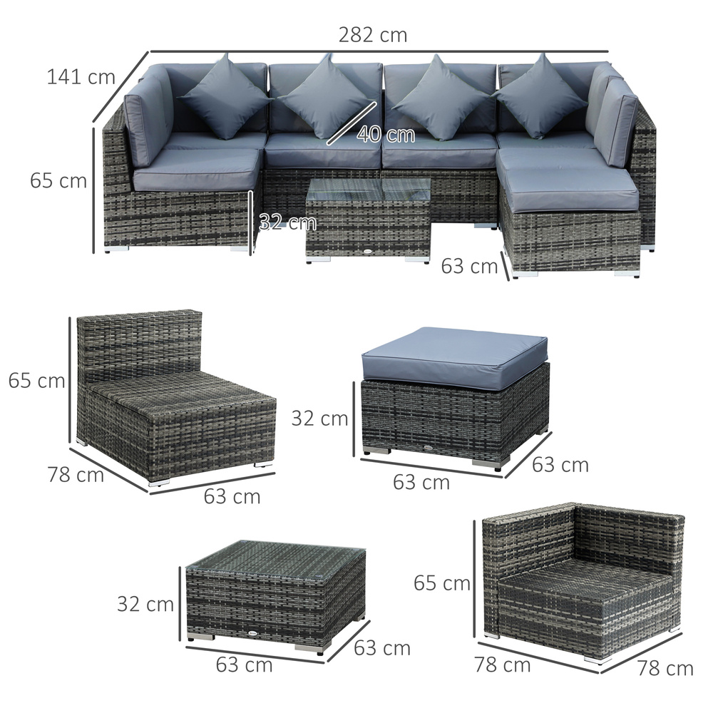 Outsunny 8 Piece Rattan Corner Sofa Set with Wide & Deep Seat, Assembled Aluminium PE Rattan Garden Furniture Set with Thick Cushions and Glass Top Table for Outdoor, Conservatory, Grey