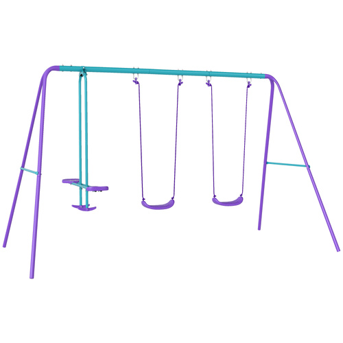 Outsunny Metal Swing Set, with Seesaw, Adjustable Height, for Ages 3+ Years, Purple